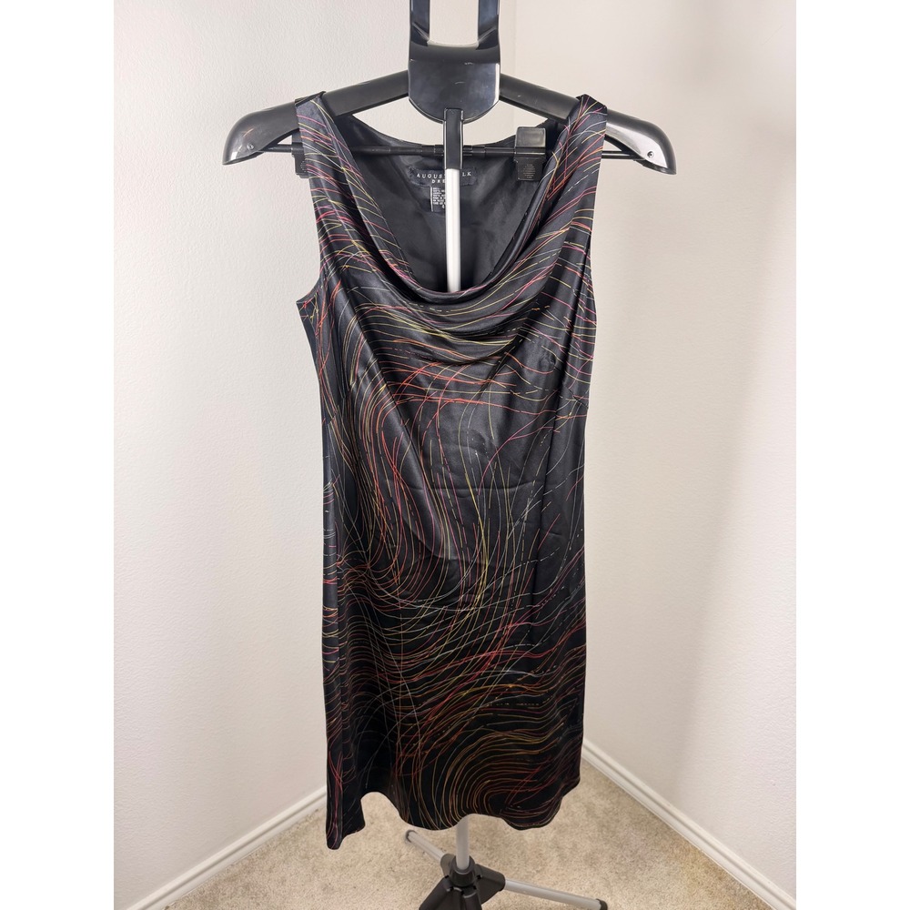 August Silk Dress Womens 4 Vintage Black 100% Silk Abstract Swirl Cowl Neck Y2K